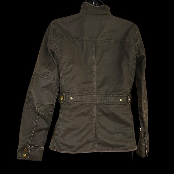 J. Crew resin-coated twill field wax jacket olive green mossy brown w gold snaps - Picture 8 of 13